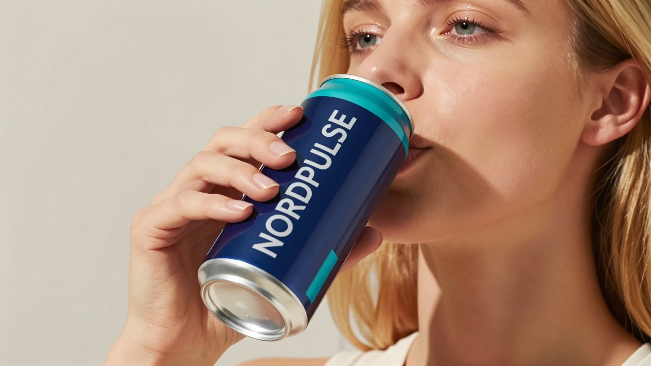 Accepted lifestyle image of one woman drinking from one NORDPULSE can
